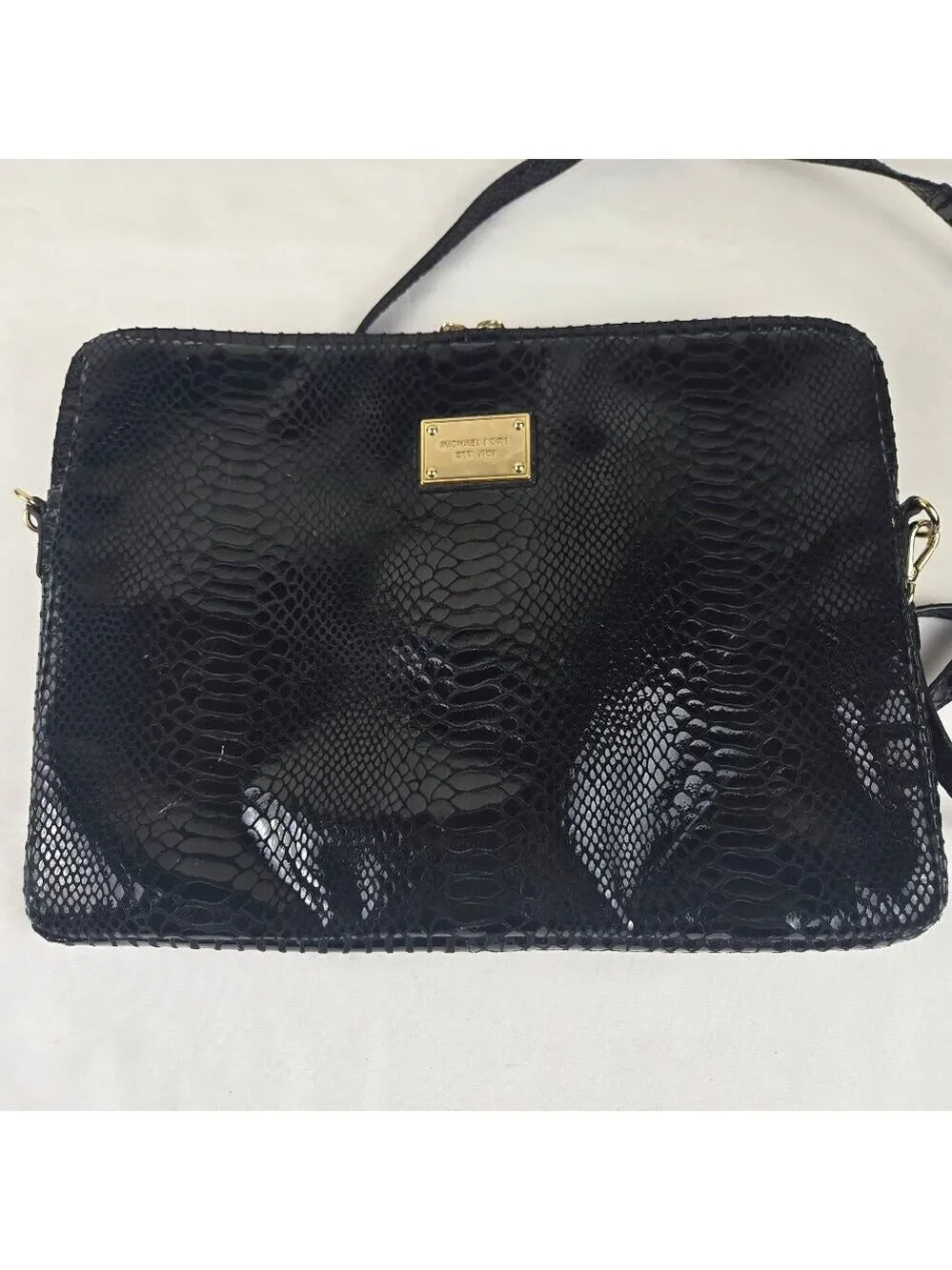 Michael Kors Black Patent Python Embossed Laptop Computer Case Double Zip Strap
